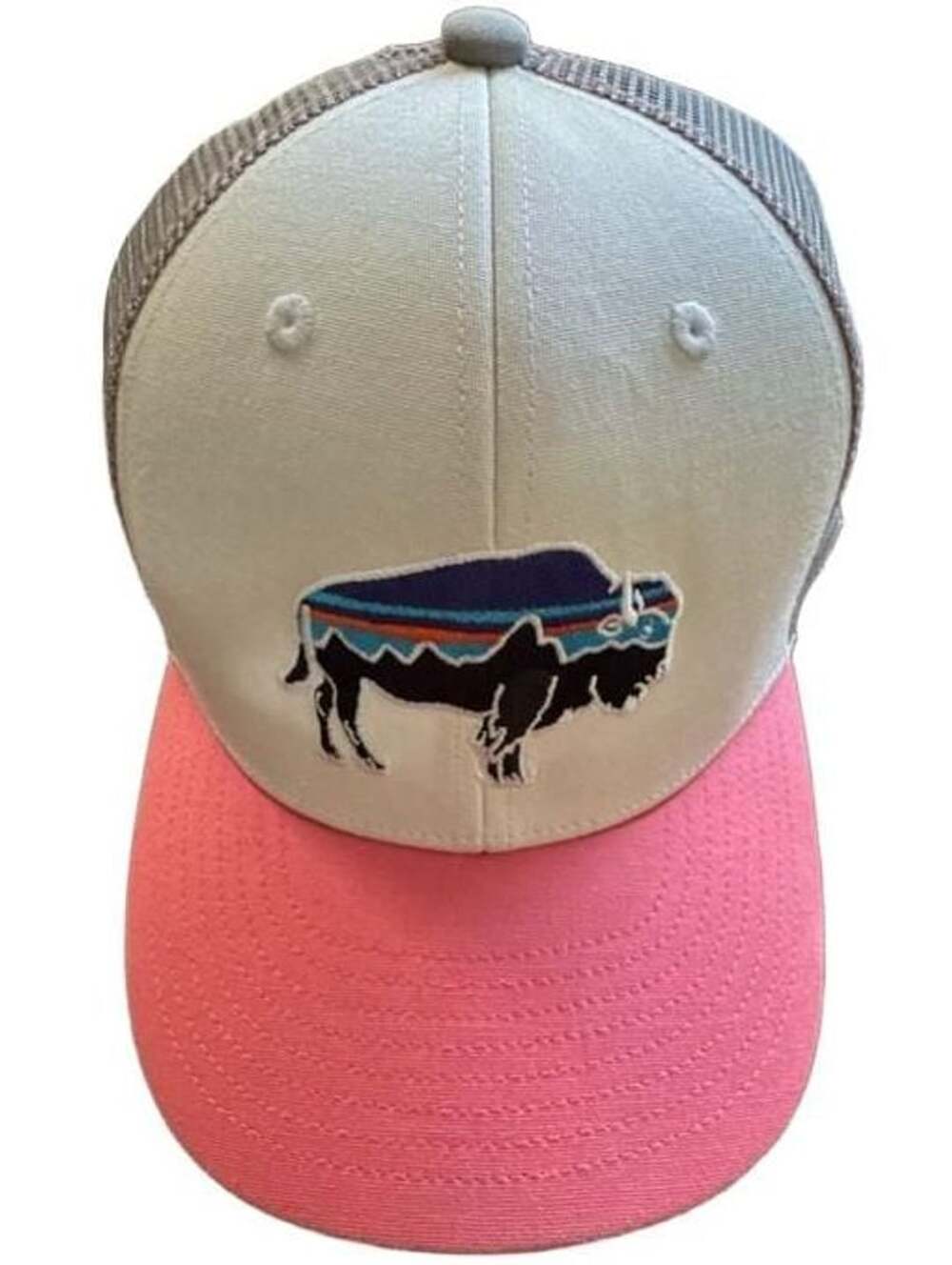 Patagonia Fitz Roy Bison Trucker Hat Pink White Gray Mesh Snapback Buffalo OS

P